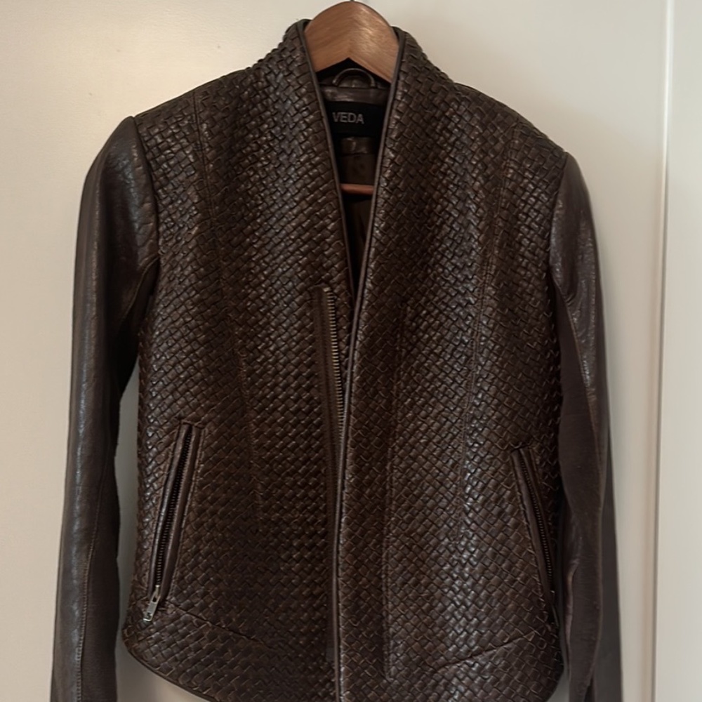 Veda zip leather jacket S - dark brown woven leather with knit panels in sleeves